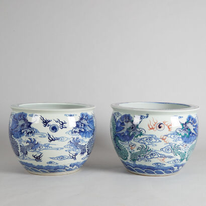 Two Large Chinese Blue and White 'Dragon' Planters