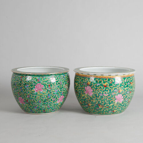 A Pair of Chinese Green-Ground Famille Rose 'Butterfly' Planters