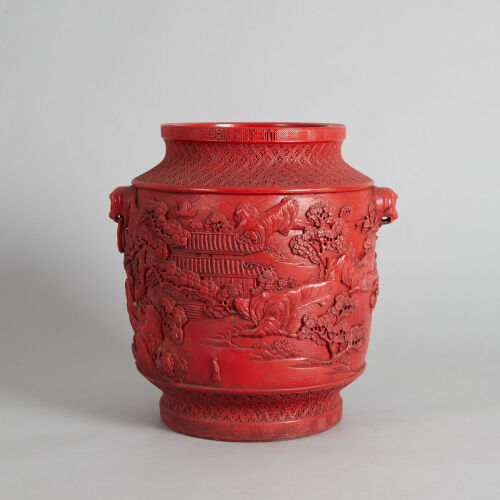 A Carved Chinese Red-Glazed 'Landscape' Two-Handled Planter