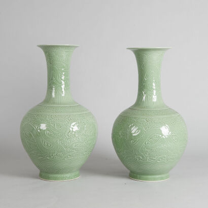 A Pair of Carved Chinese Celadon-Glazed 'Dragon' Vases