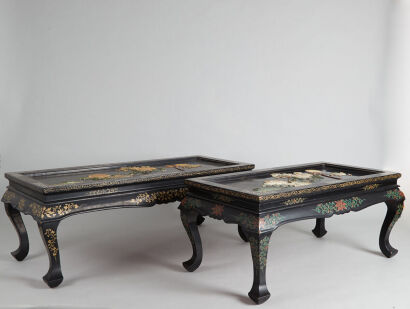 A Pair of Chinese Mid 20th Century Black Lacquered 'Flower and Bird' Tables