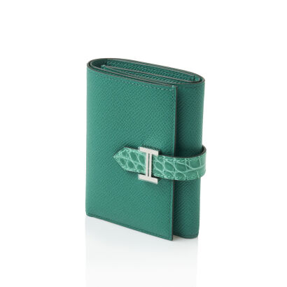 Hermès Portefeuille Bearn Vert Jade Epsom and Alligator Leather Wallet