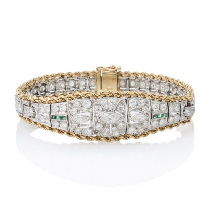 Antique, Platinum & 14ct Gold Emerald and Diamond Bracelet