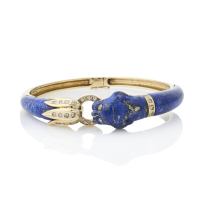 14ct Yellow Gold Lapis Lazuli Oval Hinged Bangle with Diamonds