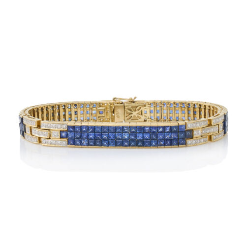 An Art Deco Style, 18ct Yellow Gold Alternating Sapphire and Diamond Bracelet