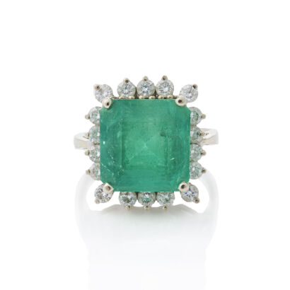 18ct White Gold, Prominent, Square 7.79ct Emerald & Diamond Cluster ring