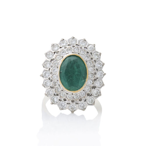 18ct Yellow and White Gold, 2.92ct Emerald and Diamond Cluster Ring