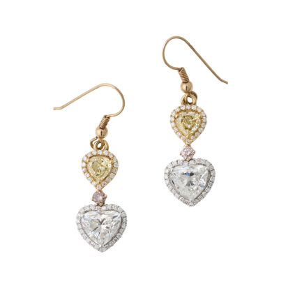 18ct Yellow/White Gold Fancy Yellow and White Diamond Heart shaped Drop Earrings of 5.92ct Total Diamond Weight