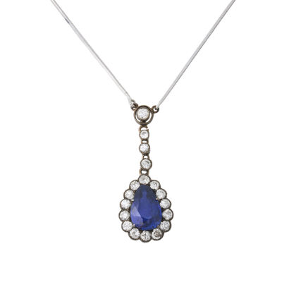 18ct White Gold, 2.40ct Pear Shape Sapphire and Diamond Pendant