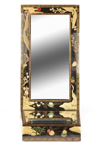 An Ornate Oriental Black Laquer Framed Toilet Mirror