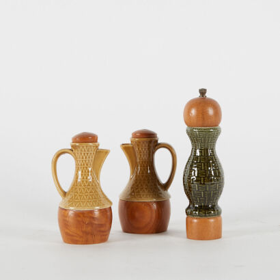 A Japanese Mid Century Teak And Ceramic Oil And Vinegar Set With Salt And Pepper Grinder