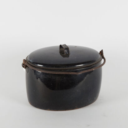 An Antique Black Enamel Lidded Stock Pot With a Handle