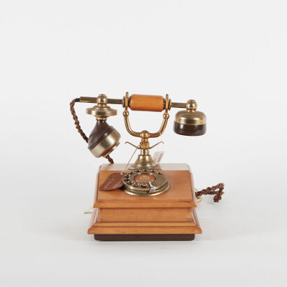 A Vintage Lyon Telephone In Brass And Oak Made In Italy C.1980