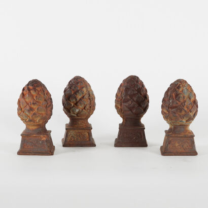 A Set Of Four Antique Iron Pine Cone Gate Post Finials