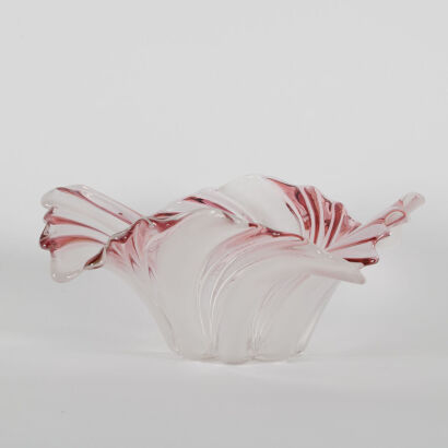 A Large Frosted And Pink Swirl Glass Bowl