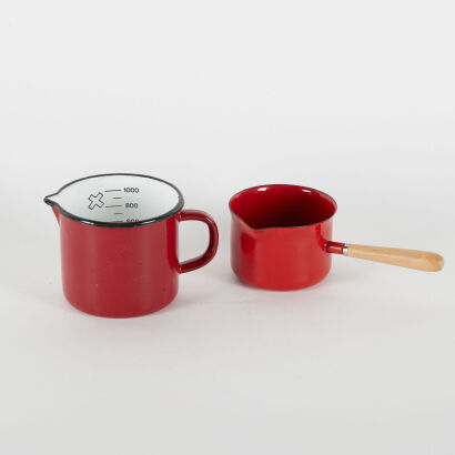 A Pair Of Red Enamel Kitchenware Items