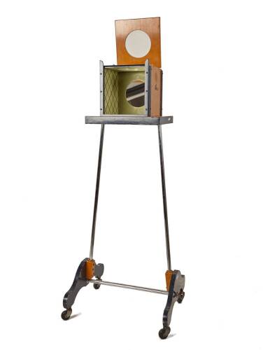 A Magicians Painted Black and Yellow Mirror Box on Stand