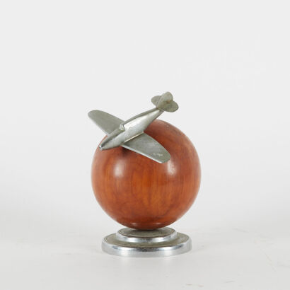 An Art Deco Oak Globe With An Aluminium Stylised Aeroplane