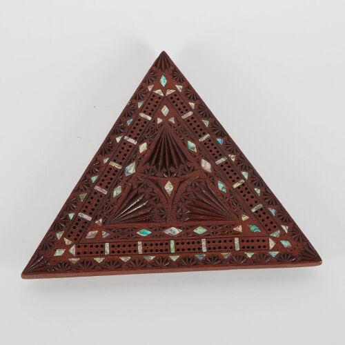 A Vintage Wooden Cribbage Board Exquisitely Carved With Extensive And Detailed Paua Shell Inlay