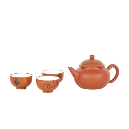 A Mid-20th Century Yixing Tea Pot with Three Yixing Tea Cups
