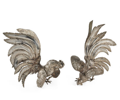 A Pair of Fine Italian Silver Fighting Rooster Table Ornaments