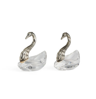 A Pair of Crystal and Silver Swans Open Salt and Pepper Cellars