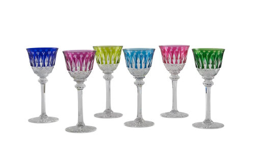 A Set of Six St Louis Cut Crystal Coloured Liqueur Glasses