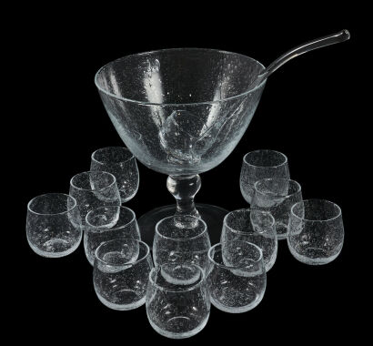 A French La Verrerie de Biot Glass Punch Set