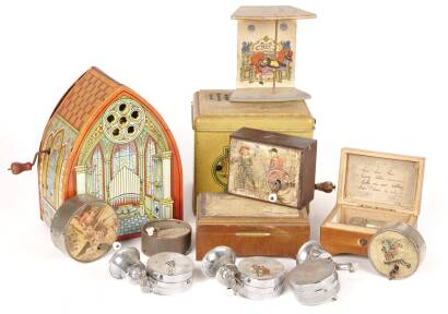 A Box Lot of French Music Hand Organs, Musical Spirit Pourers and Music Boxes