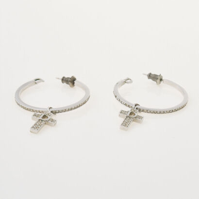 Dior Silver Tone Hoop Cross Earrings