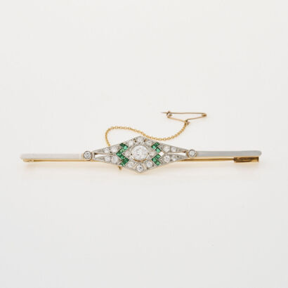 18ct Gold & Platinum, Vintage Diamond and Emerald Bar Brooch