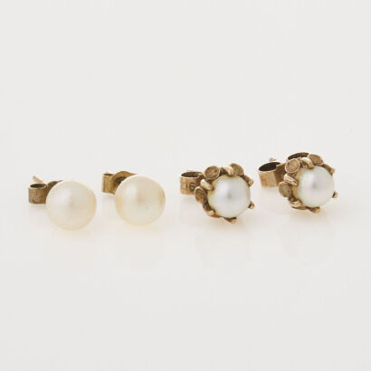 Two Pairs of 9ct Yellow Gold Pearl Stud Earrings