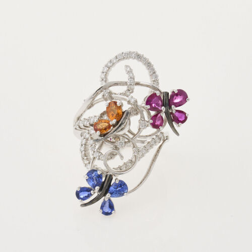 18ct White Gold, Multi-colour Sapphire and Diamond Butterfly ring.