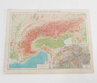 A Vintage Map The Alps Physical & Switzerland Circa 1930 Printed In Great Britain By George Philip & Son Limited London