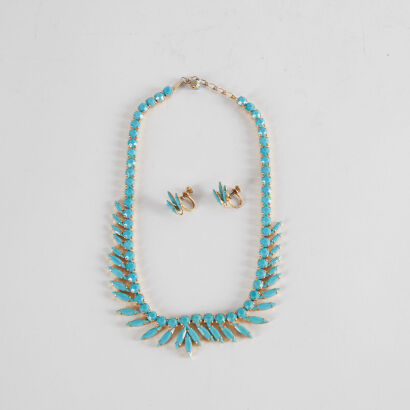 A Vintage Turquoise Rhinestone Cut Necklace And Screw On Earrings 40Cm