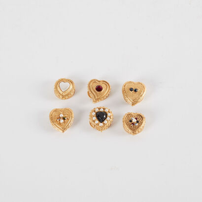 A Set Of Six Ornate Gold Metal Button Brooches Inlaid With Small Pearls And Coloured Stones