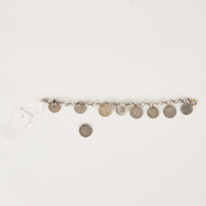 A Vintage Silver Jump-Ring Hoop Charm Bracelet With 9 Coins C.1920-1960 18Cm