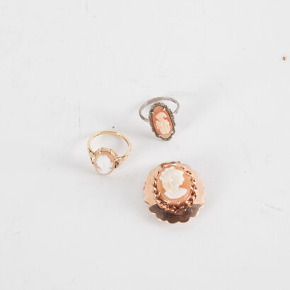 A Vintage Cameo Brooch And Two Rings