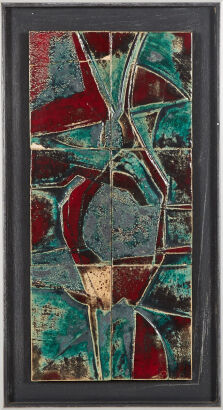 A Modernist Handmade Port And Teal Glazed Tile Wall Piece C.1960