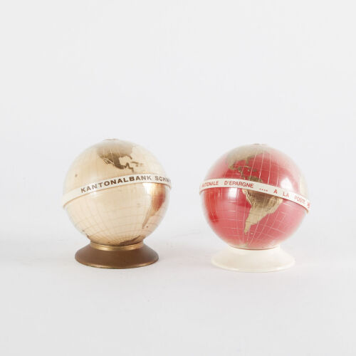 A Pair Of Kantonalbank Schwyz And Caisse Nationale D'epargne Vintage Globe Money Boxes