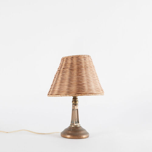 A Solid Brass Vintage Table Lamp With Rattan Shade