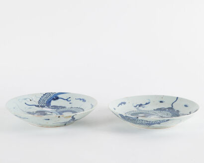 A Pair Of Chinese Handpainted Blue And White Dragon Plates