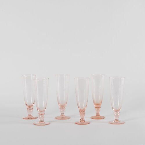 A Set Of Six Etched Rose Glass Vintage Champagne Flutes