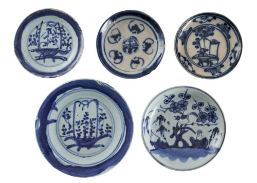 Five Chinese 18th Century Blue and White Saucers
