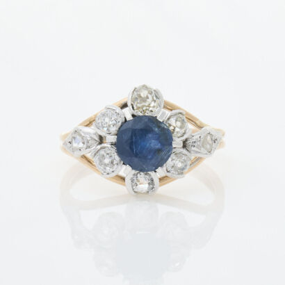 18ct Yellow Gold, Antique, 1.18ct Sapphire and Diamond Ring