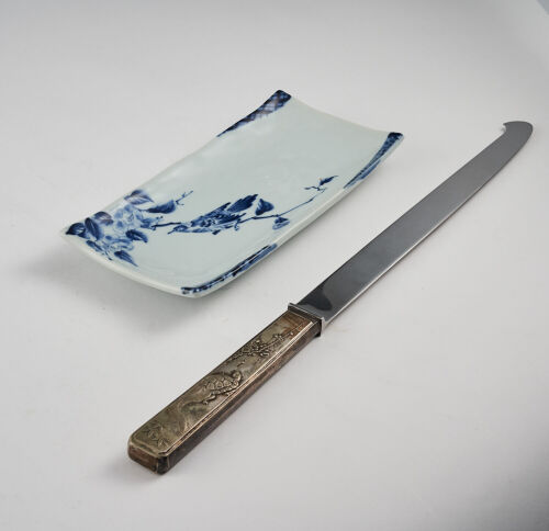 Japanese Dinner Service: Silver Knife, Blue and White Saucer