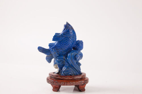 A Chinese Blue Stone Carving of Large Fish on Wood Stand