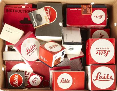 A Box Lot of Empty Red & White Leica Accessory Boxes