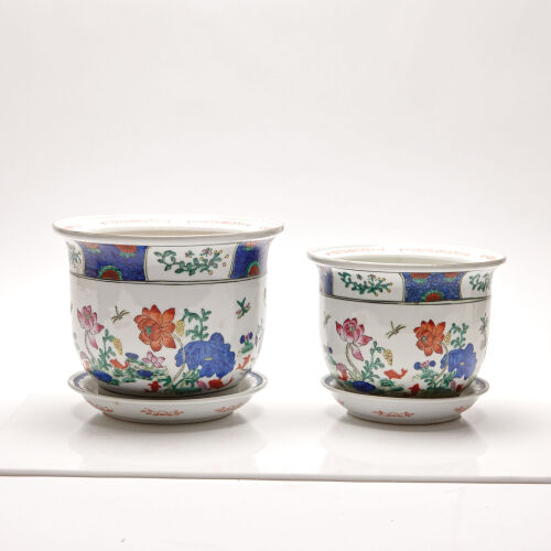 Two Chinese Flower Pots with Saucers