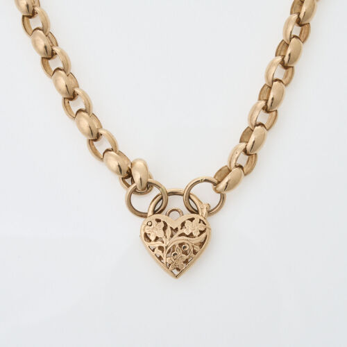 9ct Rose Gold, Vintage 50cm Belcher Link Chain with Heart Padlock